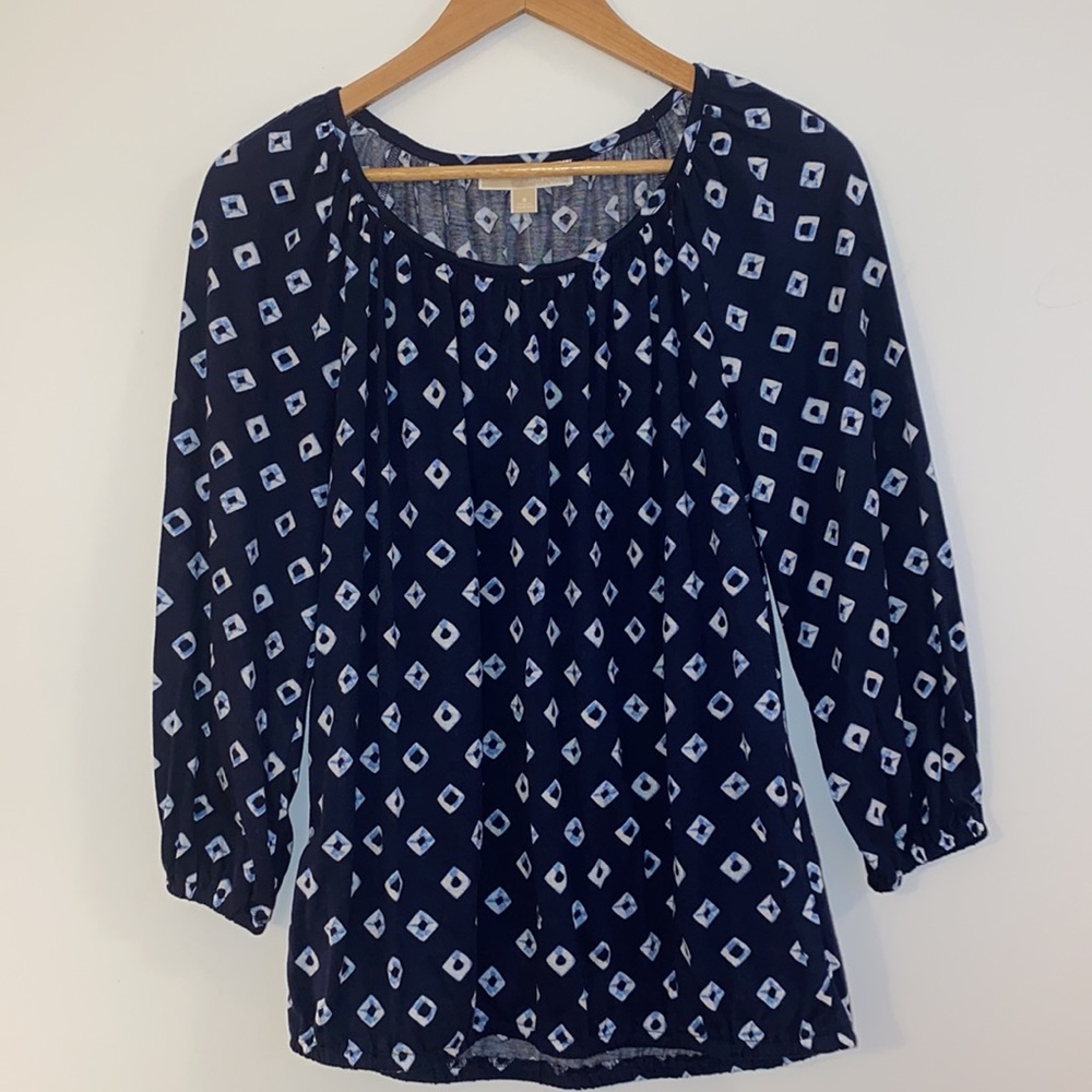 Michael Kors 3/4 Sleeve Navy Blue Print Peasant